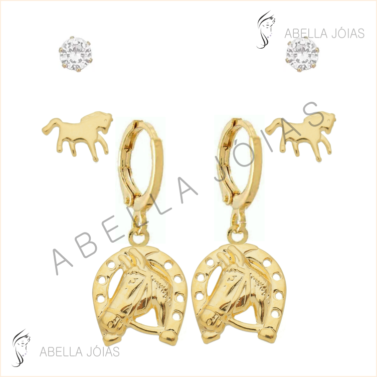 Trio Zircônia, Cavalo e Argolinha com Pingente Cavalo com ferradura